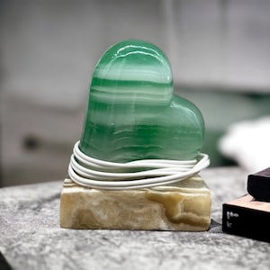 Table lamp crystal, Stone lamp, Heart figurine, Onyx lamp, Heart lamp, Love lamp, Green and brown shades color