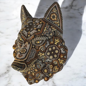 Wolf Statue Head Huichol Sculpture  Of Mexican Folk Art, Wolf Wixarika As A Mexican Decorative Figure , Made Of Resin, Beads We “Customize”
