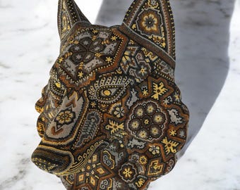 Wolf Statue Head Huichol Sculpture  Of Mexican Folk Art, Wolf Wixarika As A Mexican Decorative Figure , Made Of Resin, Beads We “Customize”
