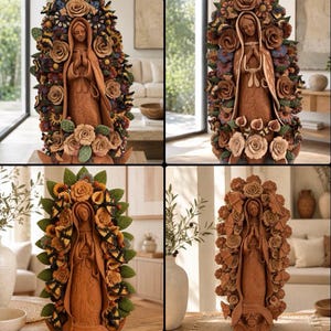 May include: A terracotta sculpture of a figure with hands in prayer, surrounded by a dense arrangement of clay flowers, leaves, and butterflies. The figure wears a long robe, and the entire piece is crafted in a warm, earthy brown clay tone.