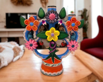 Candle Holder, Tree of life, Candelabra, Arbol de la vida, Mexican Pottery, Mexican Candelabra 6.69” High