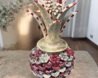 Mexican pottery, Pineapple decor, Mexican decoration, Pineapple sculpture, Glazed clay pineapple, Pottery from Michoacan