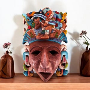 Prehispanic Wooden Mask, Mayan Culture, Made By Mayan Artisans Yucatán MEX Wall Art, Hand Carved And Painted Cedar Wood Folk Art WeCUSTOMIZE