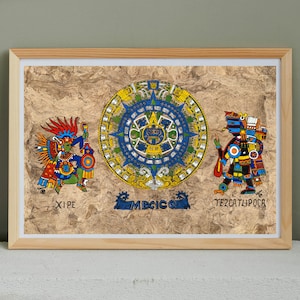 Aztec calendar painted on amate paper, original amate paintings in Mexican art, acrylic painting / Mexican painting authentic artisans.