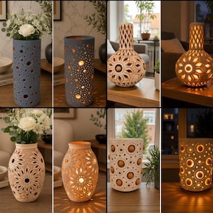 Op de afbeelding: Een collectie keramische vazen en lantaarns met ingewikkelde uitgesneden patronen. Sommige objecten zijn cilindrisch met cirkelvormige perforaties, terwijl andere bolvormig zijn met bloemmotieven. Deze stukken worden getoond als decoratieve vazen voor bloemen en als verlichte lichtbronnen.