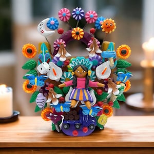 Lele Doll, Mexican Toys, Tree Of Life, Candle Holder, Candelabra, Arbol de la vida, Mexican Pottery, Mexican Candelabra 8” High