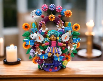 Lele Doll, Mexican Toys, Tree Of Life, Candle Holder, Candelabra, Arbol de la vida, Mexican Pottery, Mexican Candelabra 8” High