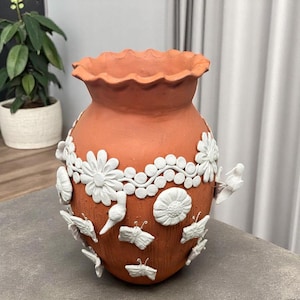 Embroidered Clay Vase From Oaxaca México Home Decor Handcrafted Jarron Barro Bordado Oaxaca Handmade Unique Designs From Artisans
