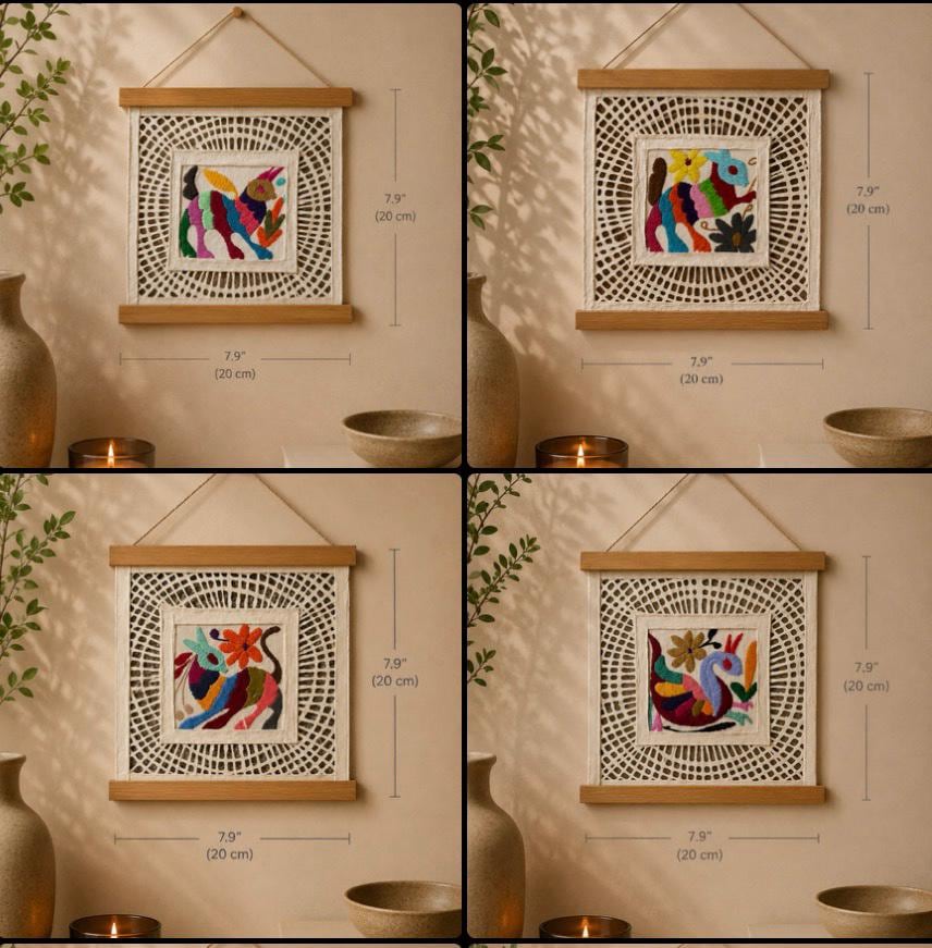 Tenango Embroidered Amate Wall Art Handmade On Bark Paper From Hidalgo Mexico, Handmade By Mexican Artisans (FRAME NOT INCLUDED)