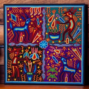 Huichol yarn painting, Mexican wall art, Wixarika culture, Abstract painting, 24” x  24”