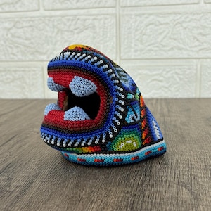 Jaguar Statue  Huichol Sculpture Of Mexican Folk Art, Panther Wixarika As A Mexican Decorative Figure , Made Of Resin And Beads