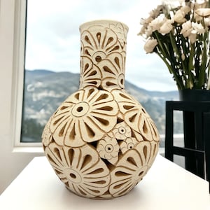 Oaxaca-vaas handgemaakte plantenpot witte en bruine klei, aardewerkarmatuur, witte kleivaas, Mexicaanse vaas, Oaxaca-aardewerk voor woondecoratie