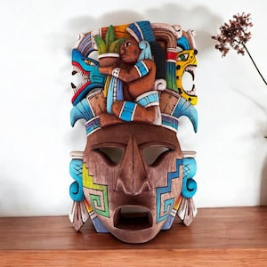 Prehispanic Wooden Mask, Mayan Culture, Made By Mayan Artisans Yucatán MEX Wall Art, Hand Carved And Painted Cedar Wood Folk Art WeCUSTOMIZE