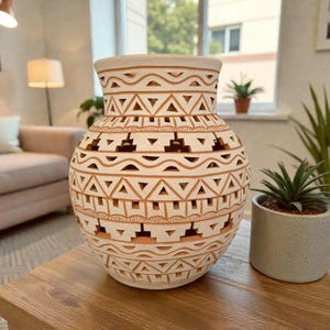 May include: A beige ceramic vase with a geometric pattern of cut-out shapes and brown accents. The vase is round with a wide opening and sits on a wooden table. Decorative home decor.
