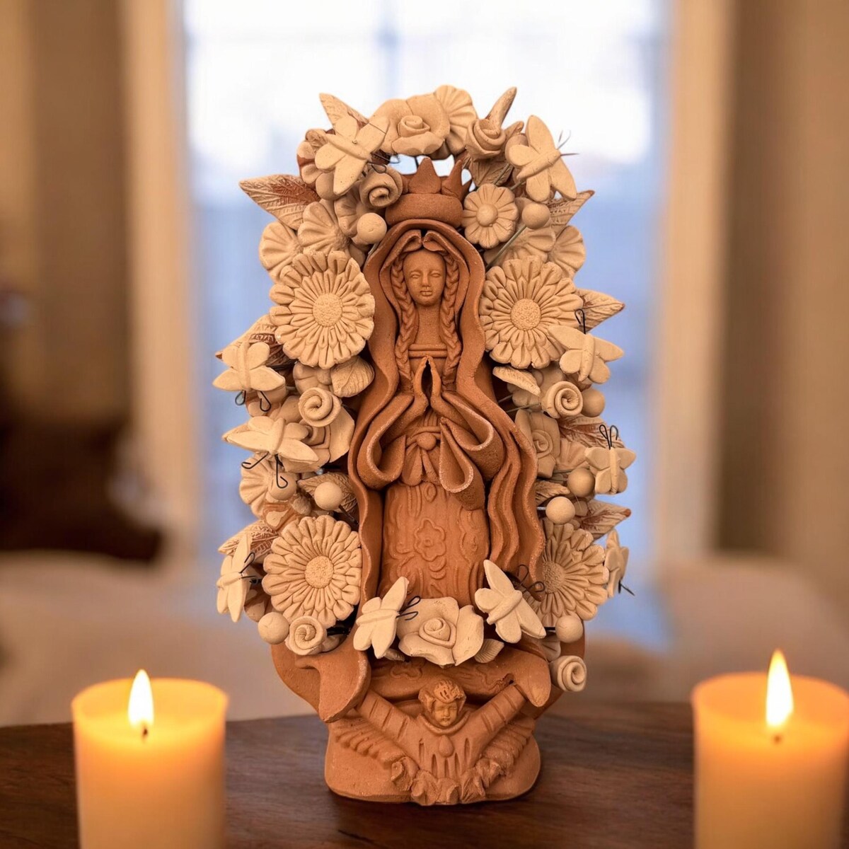 Virgin Mary Handmade Clay Piece, Virgen de Guadalupe Mexican Decoration, Mary Virgin Sculpture, Metepec Estado de México Virgencita