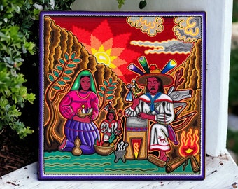 Pintura de hilo huichol, arte mural mexicano, cultura Wixarika, pintura abstracta, 24" x 24"