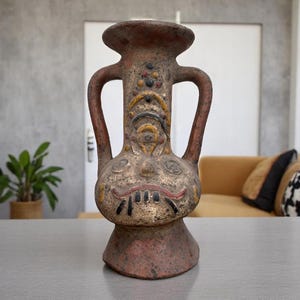 Pre-Columbian Style Face Vessel, Handmade Clay Pot, Dual Handle Jar, Indigenous Inspired Pottery, Ritual Ceramic Vase,  Folk Art, Rustic