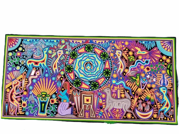 メキシコ ウイチョル族の糸絵 47.24インチ x 23.62インチ