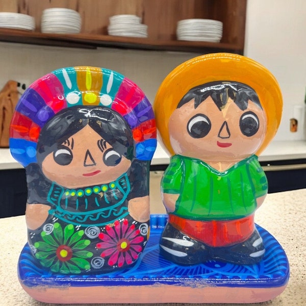 Salt And Pepper Shakers With Tray Made Of Clay Hand Painted Guerrero, Culture Of Mexico Salt And Pepper Set Lead Free Acrylic Paint