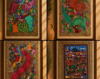 Hand Painted Amate Paper Wall Art With Acrylic Paint From Puebla Mexico Handmade By Mexican Artisans