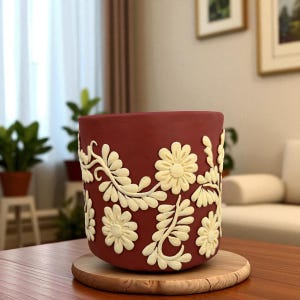 Op de afbeelding: Een bordeauxrode keramische bloempot met crèmekleurige bloemenreliëfdetails. De cilindrische pot staat op een houten onderzetter. Het ontwerp toont gestileerde bloemen en bladeren, wat een decoratief tuinthema creëert.