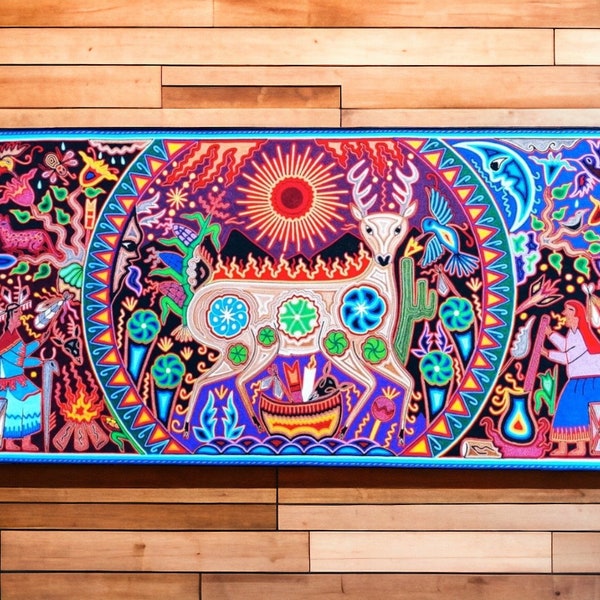 Pintura en Hilo Huichol de México 47.24 “x 23.62” en Calidad Diamante, Hecha por Arte Huichol Xitacame, Decoración Mexicana, Arte de Pared Mexicano