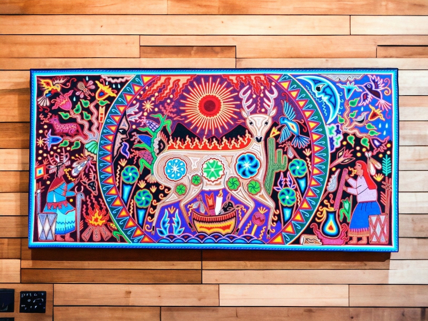 メキシコ絵画 メキシコ ウイチョル族の糸絵 47.24インチ x 23.62インチ