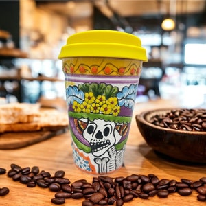Cappuccino Skull Cup, Frida Mexican Coffee Mug, Puebla Talavera Pottery, Ceramic Thermos, Handmade Lead-Free Includes Lid, Custom Available
