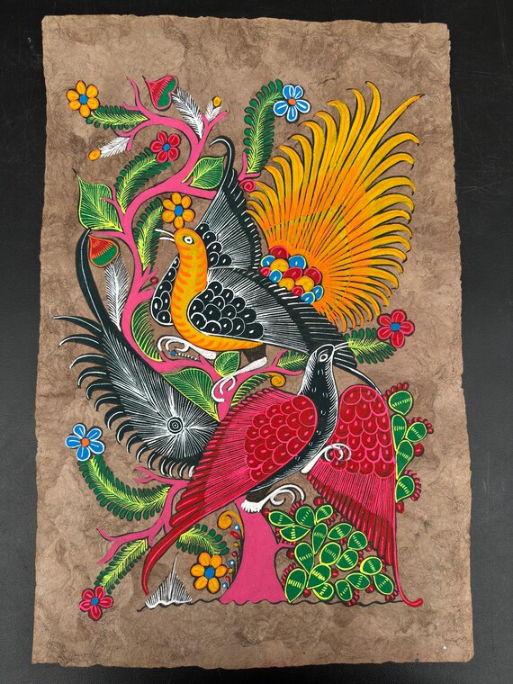 アマテ紙に描かれた鳥の絵、メキシコ美術のオリジナルのアマテ画 アマテ紙に描かれた鳥の絵、メキシコ美術のオリジナルのアマテ画
