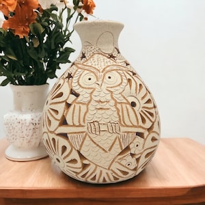Oaxaca Vase White And Brown Clay Handcrafted Plant Pot, Pottery Luminary, White Clay Vase, Mexican Vase, Oaxaca Pottery For Home Decor