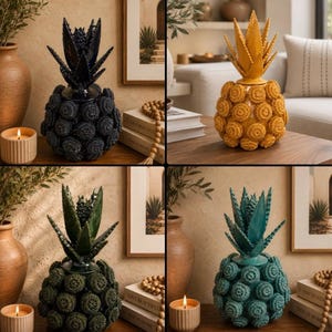 May include: A collection of four decorative pineapple-shaped sculptures, each featuring a textured, circular-patterned base and spiky leaves on top. The sculptures are available in four distinct colors: glossy black, vibrant yellow, dark olive green, and teal.