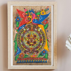 Aztec calendar painted on amate paper, original amate paintings in Mexican art, acrylic painting / Mexican painting authentic artisans.