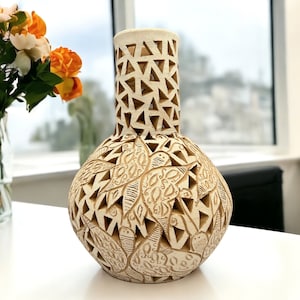 Oaxaca Vase White And Brown Clay Handcrafted Plant Pot, Pottery Luminary, White Clay Vase, Mexican Vase, Oaxaca Pottery For Home Decor