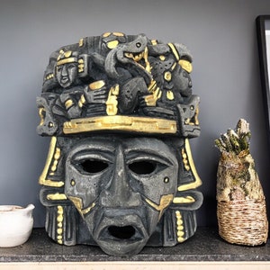 Prehispanic Mask, Ceremonies And Festivals Mayan Culture, Altar And Home Decor. Mexican Wall Art, Plaster Hand Carved