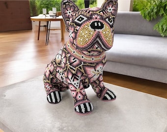 Dog Bulldog Statue Huichol Sculpture Of Mexican Folk Art, Pet Wixarika As A Mexican Decorative Figure, Made Of Resin And Beads