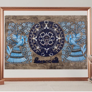 Aztec calendar painted on amate paper, original amate paintings in Mexican art, acrylic painting / Mexican painting authentic artisans.