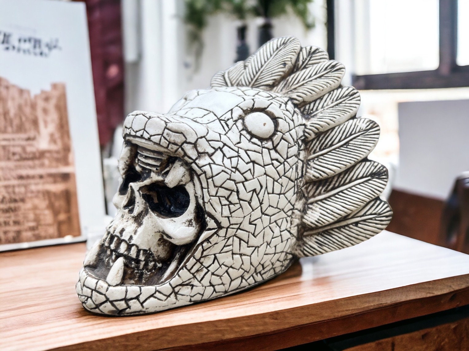 Quetzacoalt Warrior Skull, Mexican Decoration, Skeleton Head