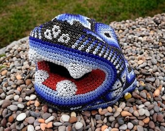 Jaguar Statue  Huichol Sculpture Of Mexican Folk Art, Panther Wixarika As A Mexican Decorative Figure , Made Of Resin And Beads