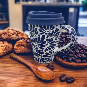Cappuccino Cup, Wooden Spoon Mexican Coffee Mug, Puebla Talavera Pottery, Ceramic Thermos, Handmade Lead-Free Includes Lid, Custom Available