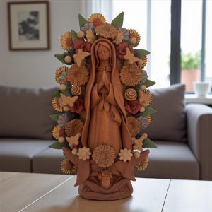 Virgin Mary Handmade Clay Piece, Virgen de Guadalupe  Mexican Decoration, Mary Virgin Sculpture, Metepec Estado de México Virgencita