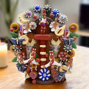 Papantla Flyers Tree Of Life Angles Candle Holder, Candelabra, Arbol de la vida, Mexican Pottery, Mexican Candelabra 8” High