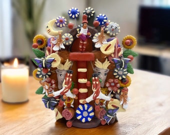 Papantla Flyers Tree Of Life Angles Candle Holder, Candelabra, Arbol de la vida, Mexican Pottery, Mexican Candelabra 8” High