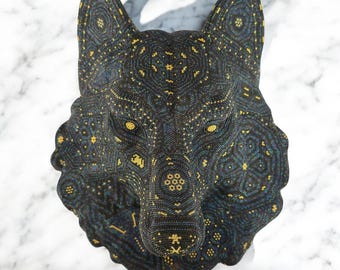 Wolf Statue Head Huichol Sculpture  Of Mexican Folk Art, Wolf Wixarika As A Mexican Decorative Figure , Made Of Resin, Beads We “Customize”