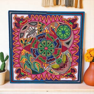 Huichol Yarn Art Deer Peyote Sun Mandala Mexican Folk Art Handmade Wixarika Spiritual Wall Decor Sacred Visionary Indigenous Mexico