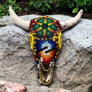 Bull Sculpture Huichol Statue Of Mexican Folk Art, Bighorn Sheep Wixarika As A Mexican Decorative Figure, Made Of Resin And Beads