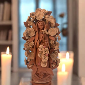 Virgin Mary Handmade Clay Piece, Virgen de Guadalupe  Mexican Decoration, Mary Virgin Sculpture, Metepec Estado de México Virgencita
