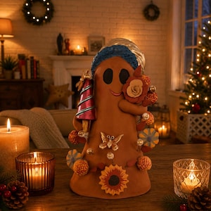 May include: A brown, ghost-shaped figurine wearing a blue and silver hat. It holds a red and silver striped tree and a cluster of flowers. The figure is decorated with a gold butterfly, small round orange textures, and a large sunflower at the base.