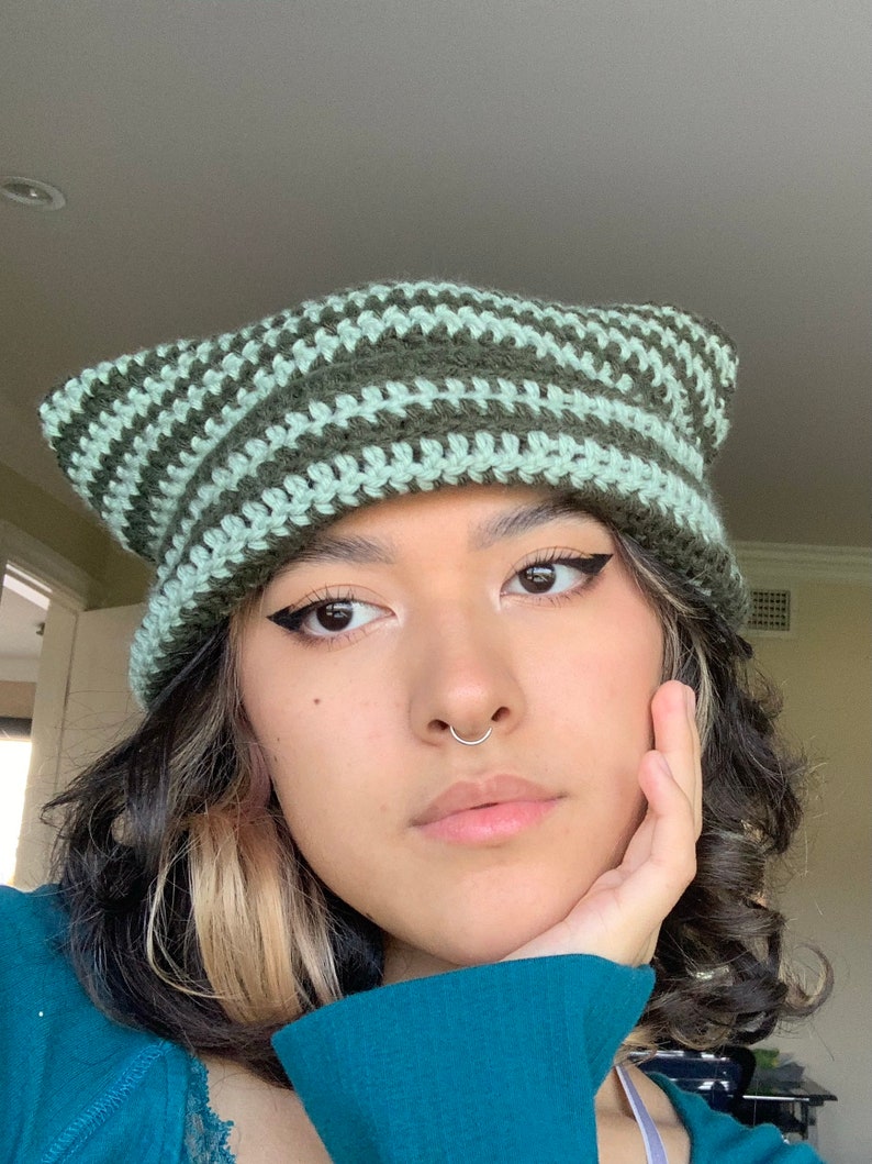PATTERN Cat Ear Striped Beanie Crochet Pattern Etsy Polska