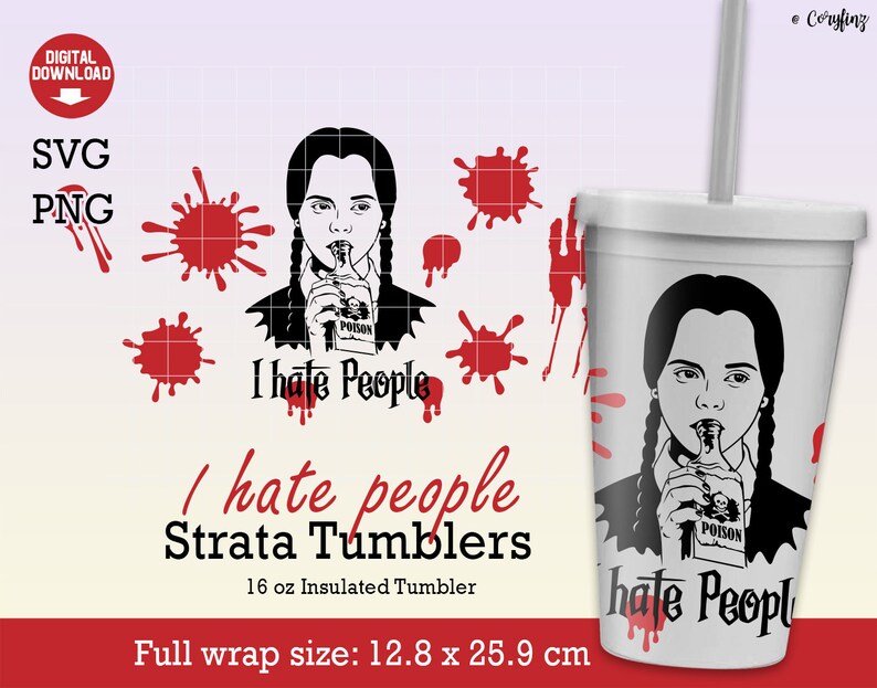 Pu&ograve; includere: Un'illustrazione in bianco e nero di una ragazza con le trecce che beve da una bottiglia etichettata "Poison". Il testo "I hate People" &egrave; sotto l'immagine. L'immagine &egrave; su un bicchiere isolante bianco da 16 oz con un design a schizzi di sangue rosso. Il bicchiere misura 12,8 cm per 25,9 cm.