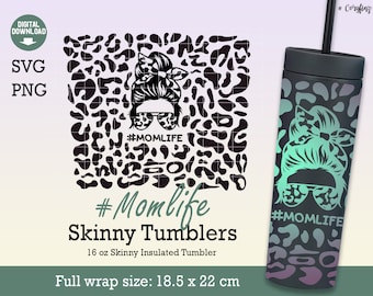 May include: A black and white graphic design of a woman with a messy bun and sunglasses on a leopard print background. The text #MOMLIFE is included in the design. The design is for a 16 oz skinny insulated tumbler. The tumbler is black with a gradient of blue, purple, and pink. The design is wrapped around the tumbler. The text #MOMLIFE is also included on the tumbler.